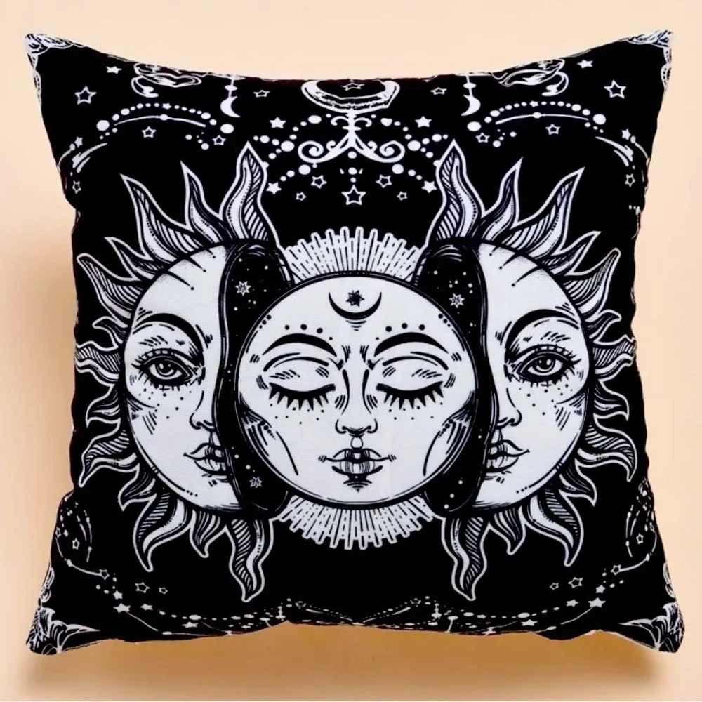 Pillow Cover Sun Moon Celestial Mystical Zippered Large Black White 17.7 in